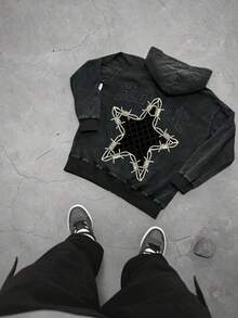 Y2k Stars Street Hoodie Hiphop New Retro Hoodie Men's Oversized Autumn Hoodieletter Coat Halloween Spring/Fall Regular Fit  Pocket Zipper - Black - View 1