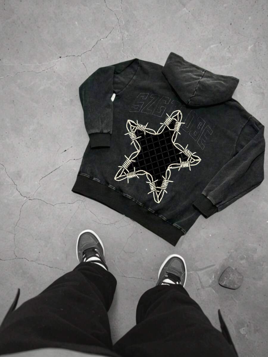Y2k Stars Street Hoodie Hiphop New Retro Hoodie Men's Oversized Autumn Hoodieletter Coat Halloween Spring/Fall Regular Fit Pocket Zipper - Black - View 1