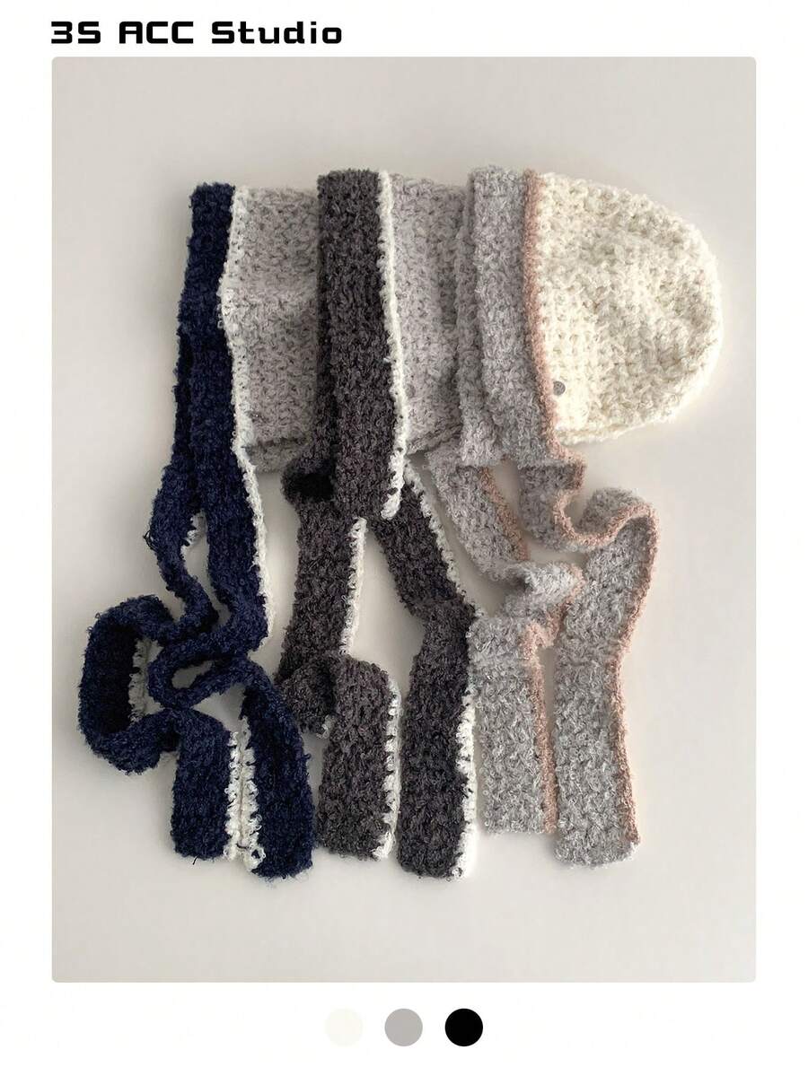 1 件女士拼色蓬松针织连帽帽，厚实温暖的冬季无檐小帽，可爱的套头帽，秋冬