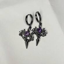 Dark Bat Tassel Love Earrings Women's Halloween Chain Rivet Punk Earrings Men's Earrings Ornament - 槍黑紫鑽石款 - 查看 9