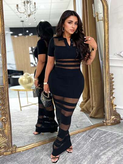 Abito aderente in maglia trasparente sexy da donna, abito midi attillato con scollo a V e schiena scoperta, adatto per feste e uscite serali