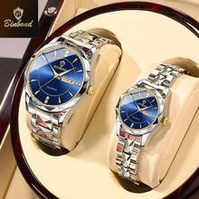BINBOND 2PCS Couple Quartz Watch Roman Numeral Fashion Stainless Steel Waterproof Men Wristwatch Women Lovers Watches Valentine's Day Gift For Lovers - Blue - View 12