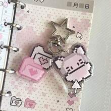 1pc Cute Cartoon Pixel Art Keychain - Kawaii Retro 8-Bit Character With Heart And Four-Leaf Clover, Light Pink And White With Black Eyes, Bunny Design, Suitable For Bags, Keys, Christmas Gift