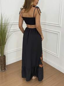 Sophisticated Long Dress Beach Plants Leaf Floral Openwork Formal And Evening - màu đen - Xem 4