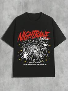 Spider & Spider Web Print Casual Crew Neck T-Shirt, Sports Short Sleeve Summer Top, Women's Clothing - 黑色 - 查看 1