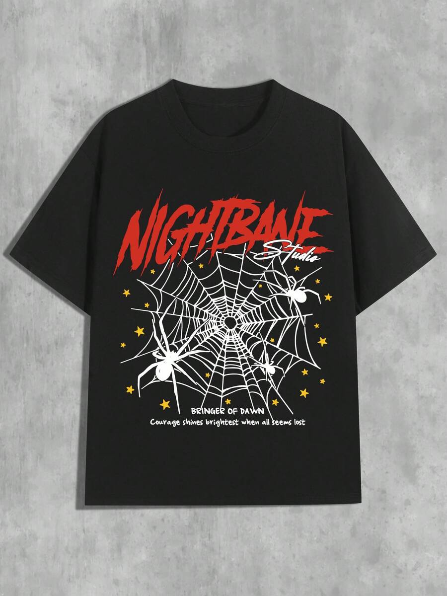 Spider & Spider Web Print Casual Crew Neck T-Shirt, Sports Short Sleeve Summer Top, Women's Clothing - 黑色 - 查看 1