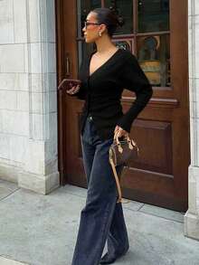 Women's V-Neck Long Sleeve Cardigan, Front Button Design, Regular Length, Medium Stretch Fabric, Fashion Versatile, Gentle Casual Style, Suitable For Daily Commute, Autumn Women Top - Black - View 4