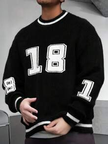 1pc Men's Black Crew Neck Sweater, Casual Loose Fit Knit Pullover For Home, Commute, Daily Wear, Outdoor, School, Street, Vacation, Versatile, Autumn/Winter