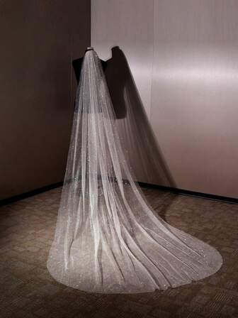 1pc 3 Meters Long Starry Glitter Bridal Veil, Suitable For Wedding Ceremony, Wedding Photography, Registration, With Comb