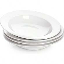 Soup And Pasta Bowls Set Of 4, White Porcelain Wide Rim Salad Plates, 20 Ounces, Microwave Dishwasher