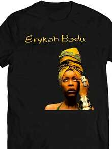 Camiseta gráfica de Erykah Badu - Diseño vintage de R&B con texto amarillo, tallas unisex S-5XL (hombres y mujeres) - Ropa casual para músicos, lavable a máquina, estilo retro, manga corta, material transpirable, ajuste cómodo, ideal para conciertos y uso diario, camisetas musicales, TALLA GRANDE - Negro - Ver 2