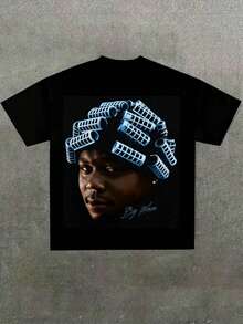 Plus Size Men, Black Tee With Big Worm Portrait Graphic, Y2K, Street Style, Digital Print, Casual 100% Cotton T-Shirt, Halloween - 黑色 - 查看 1