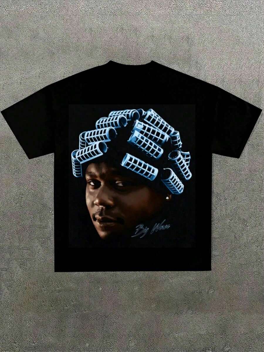 Plus Size Men, Black Tee With Big Worm Portrait Graphic, Y2K, Street Style, Digital Print, Casual 100% Cotton T-Shirt, Halloween - 黑色 - 查看 1