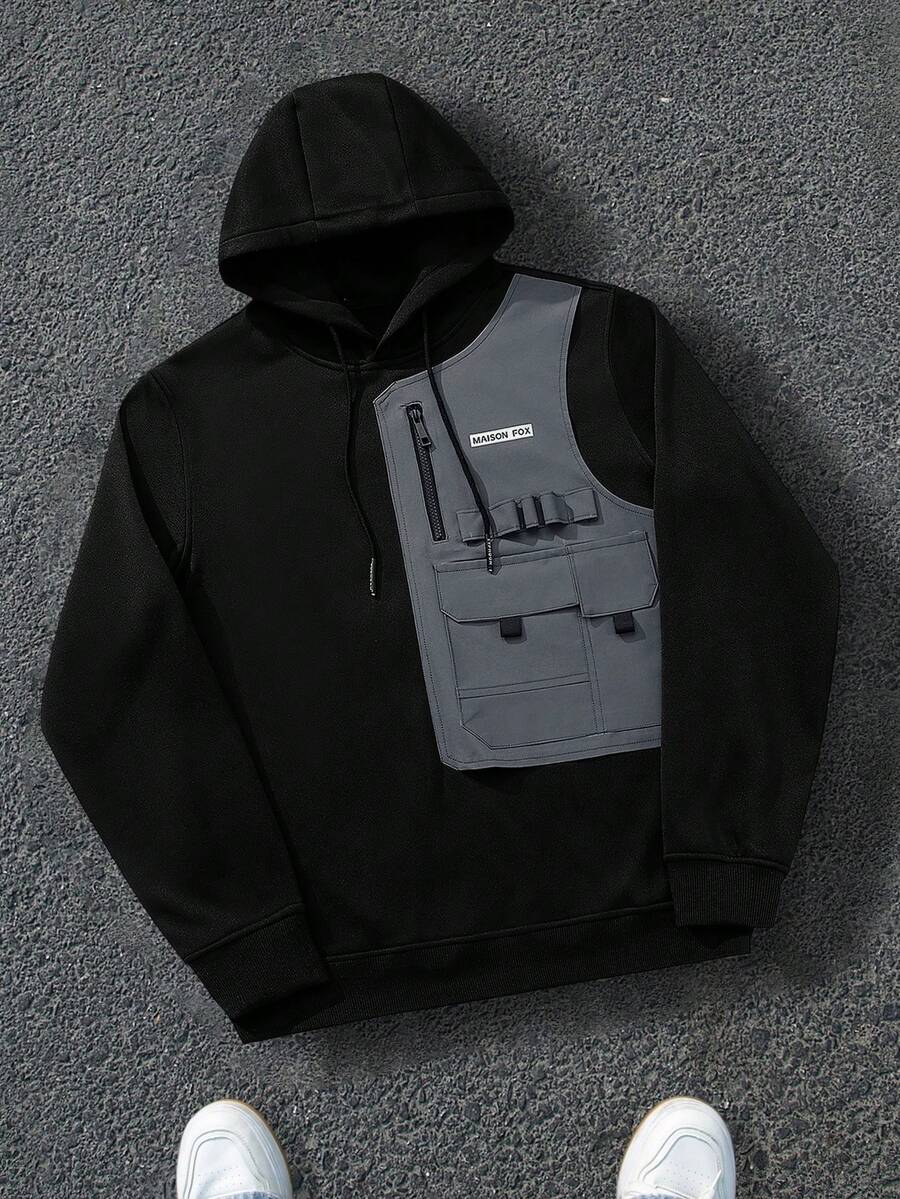 MAISONFOX Men's Utility Functional Pocket Outdoor Sports Hoodie, Loose Fit Letter Print Hoodie, Autumn/Winter - Black - View 1