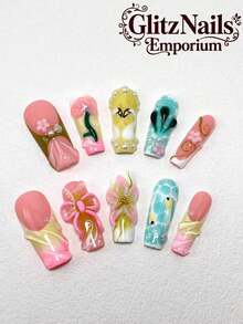 10-Piece Wearable Nail Covers, Square Nail Design, Gradient Dyeing, 3D Carved Nail Art, Suitable For Women To Wear, Available In Three Sizes, Suitable For Various Occasions Such As Parties, Dances, And Daily Wear.