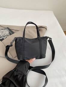 时尚通勤包，极简休闲单肩包，轻盈斜跨饺子方形女包。极简尼龙方形手提包，时尚手柄钱包，配有可拆卸肩带，适合女生、女大学生、初学者和办公室女士，非常适合办公室、大学、工作、商务、通勤 - 黑色 - 查看 9