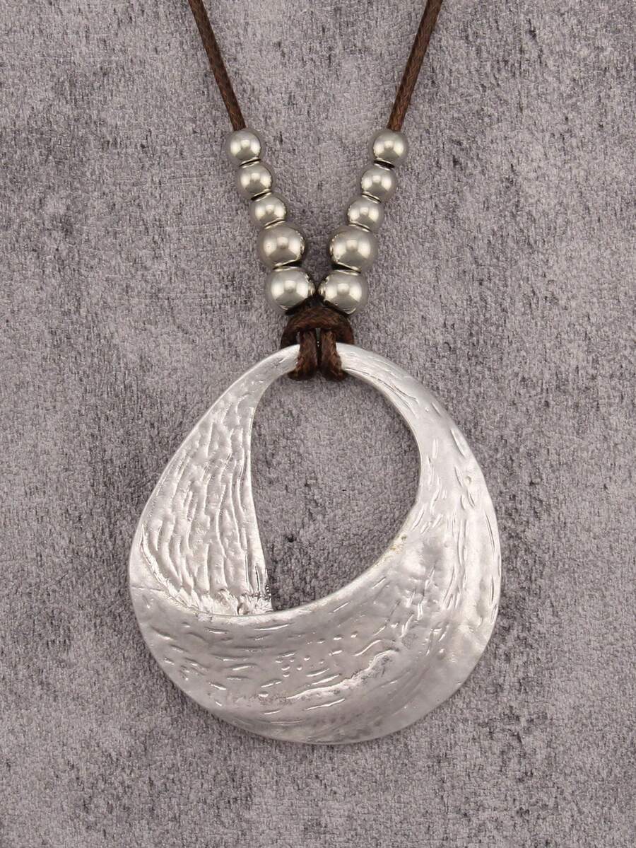 1pc Minimalist Round Beaded Alloy Pendant Necklace, Asymmetrical Geometric Circle Pendant, Daily Accessory, Gift For Girlfriend/Young Lady - Wax Rope - View 1