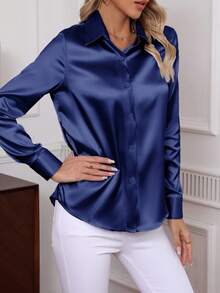 Áo sơ mi dài tay cài cúc màu trơn thanh lịch mới năm 2026, kiểu dáng cổ điển dành cho nữ công sở mùa xuân. - Màu xanh hải quân - Xem 4