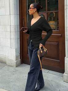 For Love & Bella Women's Sexy & Elegant Deep V-Neck Solid Brown Knit Cardigan, Fitted Minimalist Button Front Knit Sweater, Autumn/Winter - Black - View 3