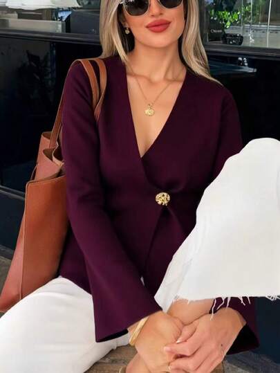 Modest And Fashionable Metal Button Down V-Neck Long Sleeve Asymmetrical Hem Cardigan, Elegance Minimalist Basic Business Casual Christmas Tops For Women, Fall And Winter