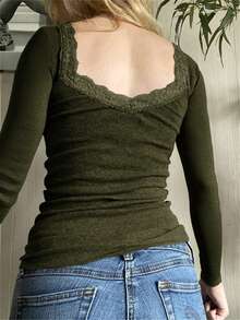 GAOVOT 女士 T 恤 Y2K 春夏性感休闲纯色蕾丝方领针织长袖上衣 - 軍綠色 - 查看 5