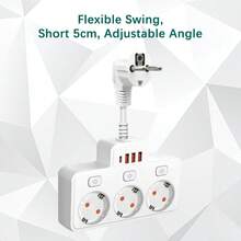 EU Standard Wall Mounted Power Socket With 3 AC Outlets, 3 USB Ports And 1 Type-C Port, 2500W, Individual Switch Control, Black/White, Flexible Short Cord Design, Anti-Bending, Suitable For Various Compact Environments, Widely Spaced Outlets To Avoid Tangling