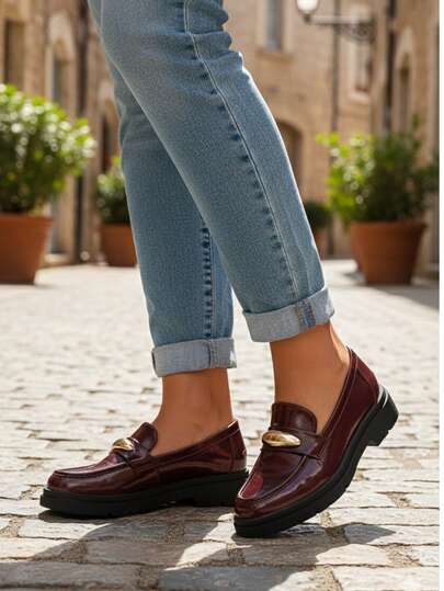 calcena Women's Elegant Penny Loafers With Unique Resin Bar & Gold-Tone Accent, Comfortable Flatform Sole Slip-On Shoes, Round Toe Polished Finish For Office, Work, School & Chic Everyday Occasions, Modern Classic Style