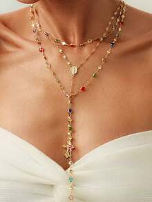 3 件/套复古金色金属耶稣十字架 Y 形长项链，波西米亚风彩色水晶吊坠项链套装，适合女性日常和节日佩戴，送给朋友的礼物（手工制作，长度可调，玻璃水晶颜色和珠子数量随机） - 3件套 - 查看 5