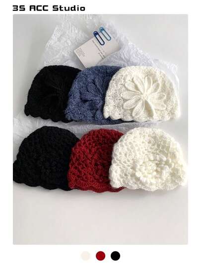 1 件女士纯色 3D 花卉无檐便帽，秋冬保暖针织手工钩针帽，百搭，讨人喜欢，双层法式花卉针织帽