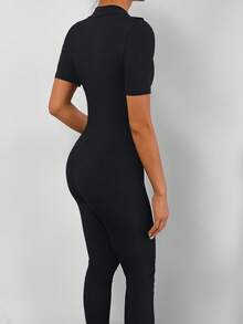 Sexy Streetwear Fitted Zip-Up Short Sleeve V-Neck Jumpsuit Unitard, , Fashionable For Spring And Summer
