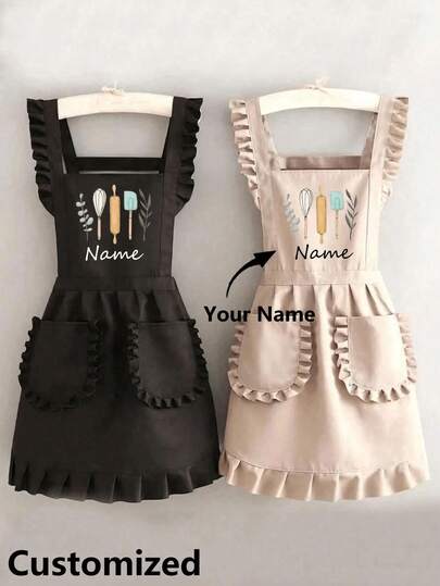 1 pezzo Grembiule di moda personalizzato stampato, grembiule elegante da donna personalizzato stampato, impermeabile e antimacchia, grembiule con gonna in pizzo, grembiule nero antimacchia, senza maniche, adatto per casa, cucina, salone di manicure, cucina, pasticceria, salone di manicure, abbigliamento da lavoro per signore, grembiule da caffè, grembiule da cucina domestica senza maniche, multifunzionale, soluzione senza barriere per la casa
