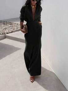 女士休闲长袖衬衫和口袋中长裙套装，秋季 - 黑色 - 查看 1