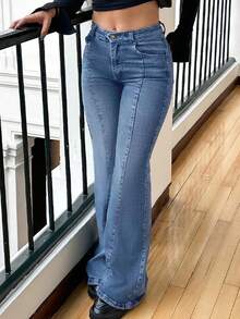 Valentine's Day Women Bootcut Jeans Flare Jeans Mid-High Waisted Stretchy Straight Leg Jeans Seamed Front Loose Denim Pants Spring Clothes - Màu xanh lam - Xem 1