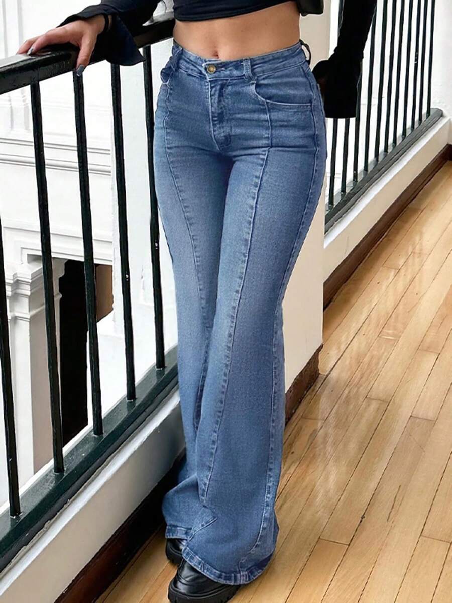 Valentine's Day Women Bootcut Jeans Flare Jeans Mid-High Waisted Stretchy Straight Leg Jeans Seamed Front Loose Denim Pants Spring Clothes - Màu xanh lam - Xem 1