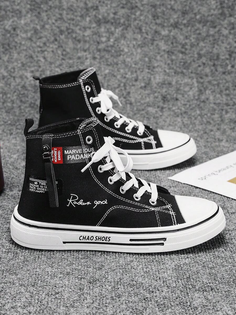 Men's Minimalist Fashion Flat Basic Black & Blue Triple Vulcanized High-Top Canvas Sneakers - Black - View 1