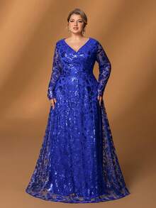 Faeriesty Mosy Elegant Plus-Size Mother Of The Bride Dress With Sophisticated V-Neck & Long Sleeves, Flattering A-Line Formal Gown For Weddings, Galas, Black-Tie Events, Evening Banquets, And Luxury Charity Functions - Royal Blue - View 4