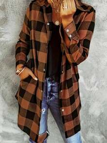 大码女式格子纽扣口袋长袖休闲衬衫 - 棕色 - 查看 1