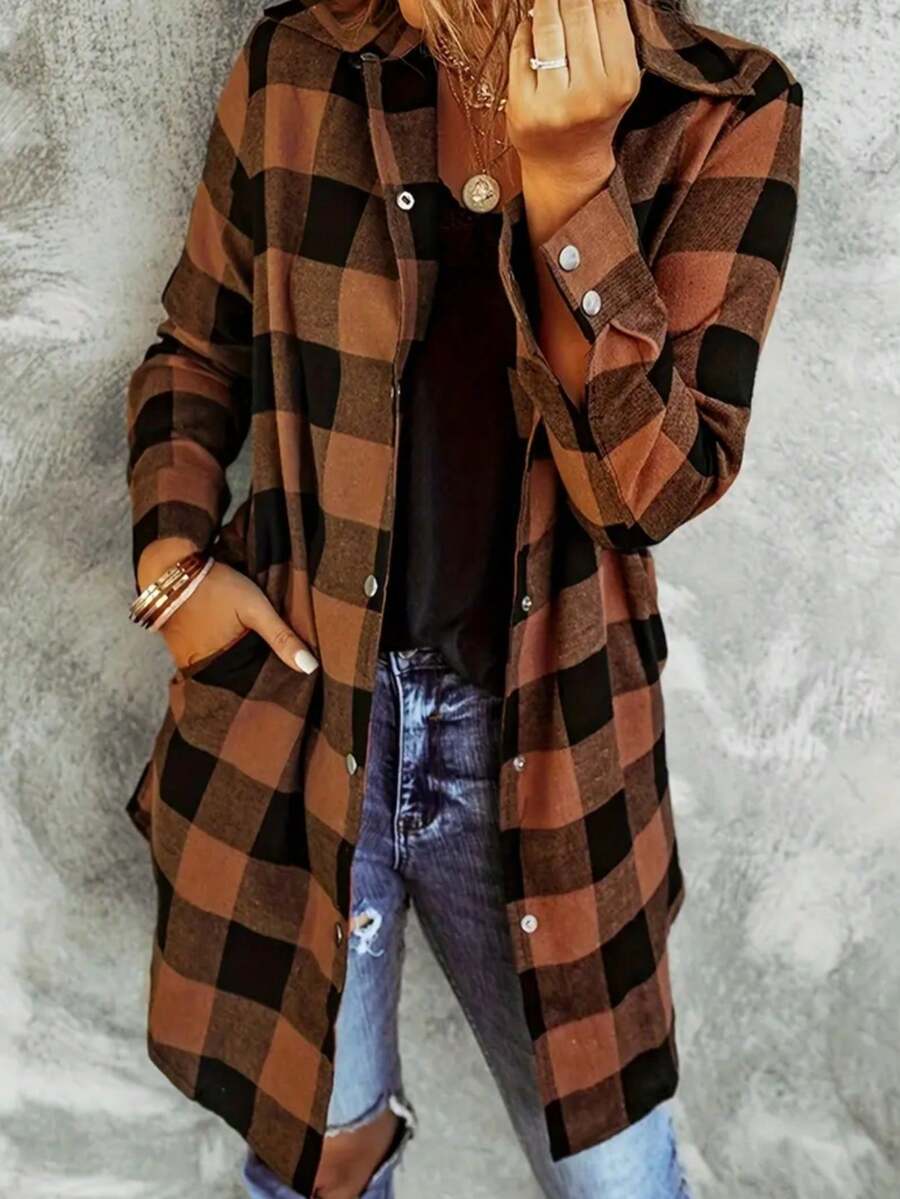 大码女式格子纽扣口袋长袖休闲衬衫 - 棕色 - 查看 1