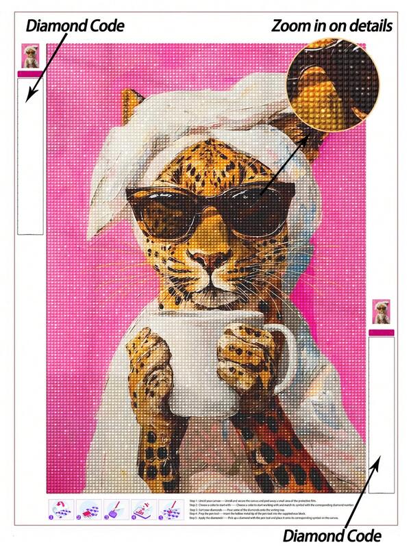 لوحة الماس 5D DIY | مجموعة لوحة الماس الوردية، نمر أنيق يشرب القهوة بمنشفة حمام DIY لوحة الماس طرز متقاطع. لوحة ديكورية مصنوعة يدويًا بدقة عالية. هدية لوحة الماس، ركز وهدئ مزاجك من خلال DIY.