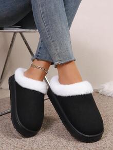 Chinelos de Pelúcia Femininos de Estilo Minimalista de Luxo para Outono/Inverno, Cor Sólida, Forro de Pele, Slip-On, Bico Fechado, Sola Grossa, Leves, Confortáveis, Quentes, Sapatos Internos Adequados para Uso Externo - Preto - Visão 3