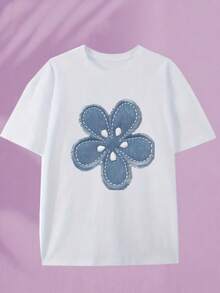 WOOAVIVA Plus Size Summer Y2K Cleanfit Casual Fitted Denim Flower Patchwork Design, Perfect For Spring Festivals, Casual Round Neck Short Sleeve Women T-Shirt, Suitable For Summer, Women Tops - Blanco - Ver 2
