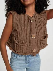 Women's Solid Color Knitted Pocket Decor Thick Knit Vest - Brown - View 3