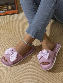 Women's Bowknot Open Toe Slippers, Comfortable Indoor House Shoes, Lightweight, Non-Slip, Cute Style, Suitable For Spring, Autumn And All Seasons - Purple - View 4