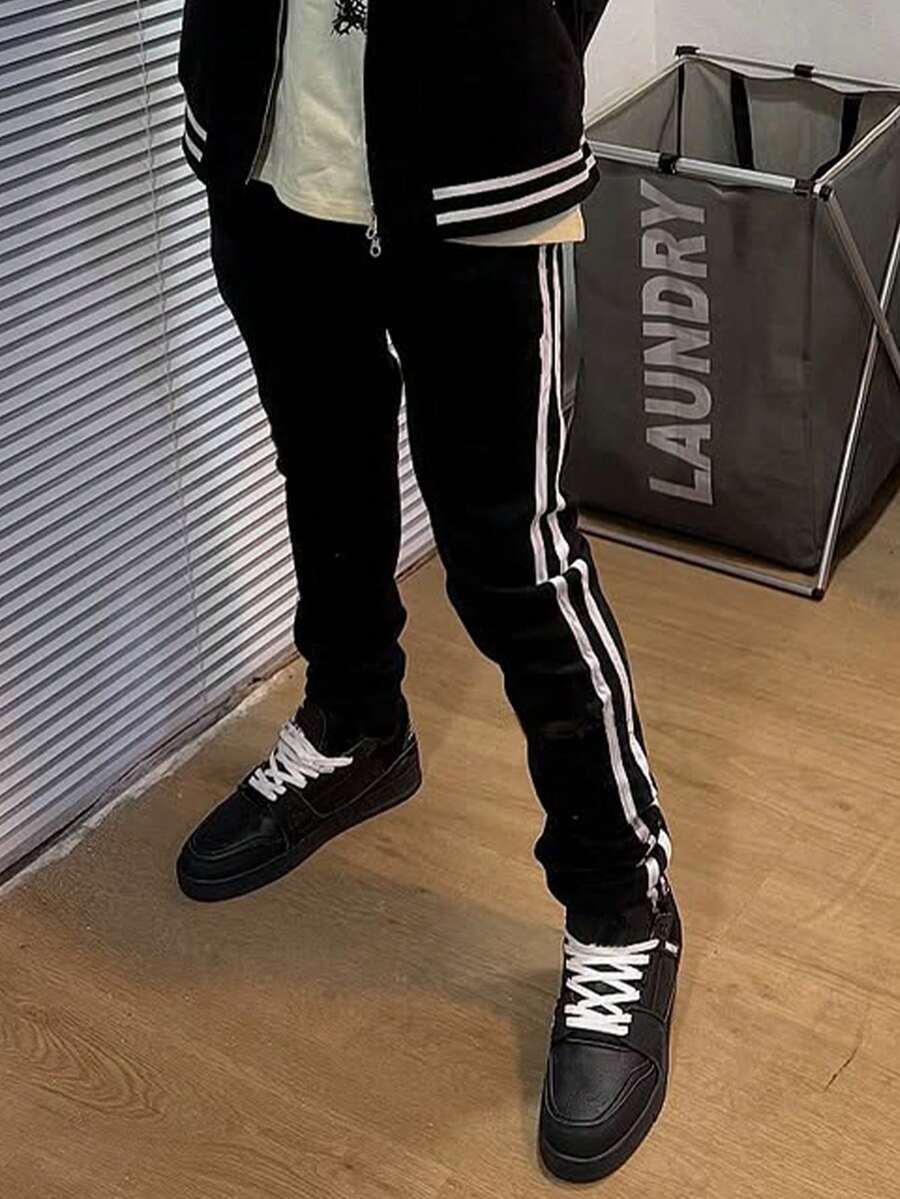 Herren Jeans mit Seitenstreifen, lässiger Stretch Slim Fit, amerikanischer Straßen-Stil Denimhose