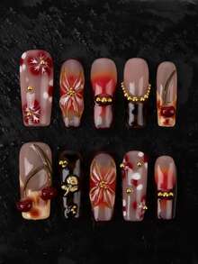 10 Pieces Of Handmade Constructed Blue French Long Square Fake Nails, Adorned With Gorgeous Rhinestone Accessories, Featuring Transparent 3D Stereo Water Wave And Flower Decorations, And A Gradient Fake Press-On Nail Set. Perfect For Daily Life, Making You Look Stunningly Beautiful.