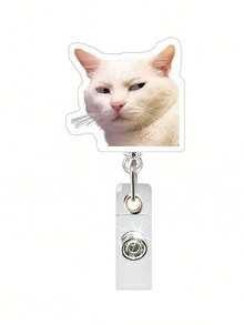 1pc Acrylic Retractable Cat Emoticon Badge Reel, Rotatable ID Card Holder Keychain Clip For Doctor/Nurse,School Supplies,Back To School
