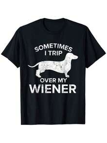 Men Cotton Single Side Printed Crew Neck Short Sleeve T-Shirt Sometimes I Trip Over My Wiener Dog Shirt Dachshund Gift T-Shirt Design Suitable For Dachshund Lovers Those Who Have A Dachshund People Who Want To Express Their Relationshi Men Size S-3XL - 黑色 - 查看 1