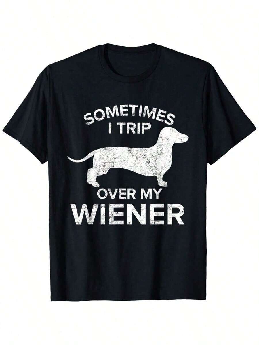 Men Cotton Single Side Printed Crew Neck Short Sleeve T-Shirt Sometimes I Trip Over My Wiener Dog Shirt Dachshund Gift T-Shirt Design Suitable For Dachshund Lovers Those Who Have A Dachshund People Who Want To Express Their Relationshi Men Size S-3XL - 黑色 - 查看 1