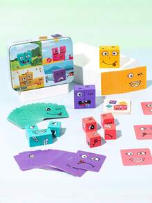 木制面部表情拼图积木，表情图案匹配游戏，面部积木比赛，字母匹配游戏，木制字母拼图积木，脑筋急转弯，减压玩具，家庭聚会、旅行的理想礼物