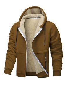 Men Plus Size Thermal Lined Thick Hooded Jacket, Fall/Winter, Thermal Lined Jacket - Brown - View 1